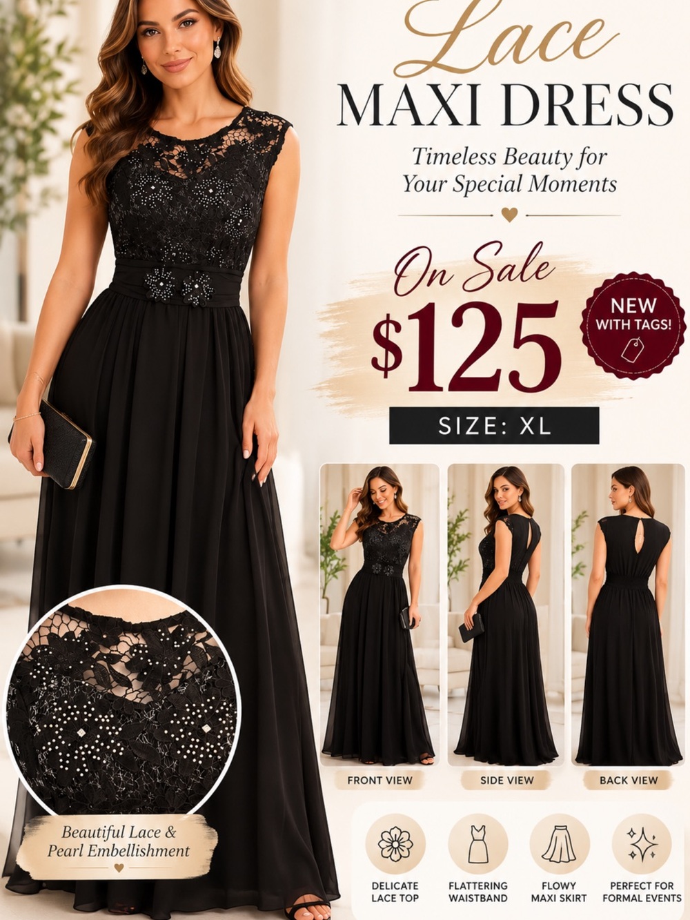 Black Lace Maxi Dress with Pearl Embellishment - Women's Formal Gown